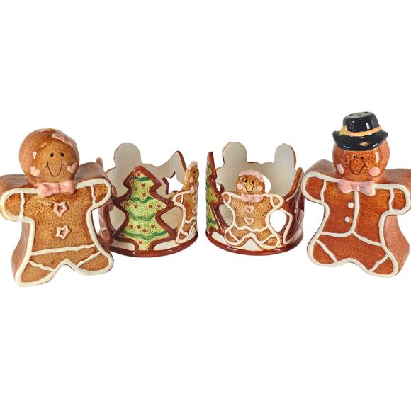 Gingerbread Salt Pepper Shakers, 2 Tea Light Holders Christmas Decor Set Ceramic - Picture 1 of 16